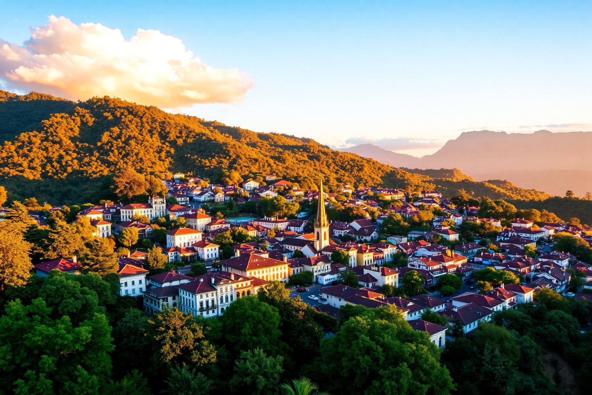 Vista aérea de Gramado na Serra Gaúcha ao entardecer